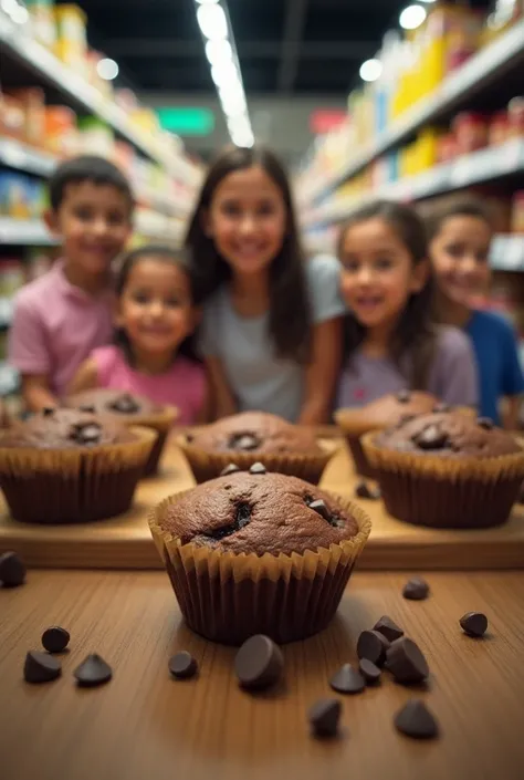 An advertising image for a packaged dark double chocolate chipp muffin, individually packaged and ceiled in laminated package individual peices, brand name is "Tabasam",  in supermarket shelves with a little desperate happy ren customers & their parents in...