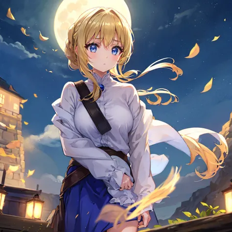 A beautiful girl with blonde hair tied back, standing under a huge full moon, clothes flying in the wind, eyes like sapphires, nothing around her, late at night