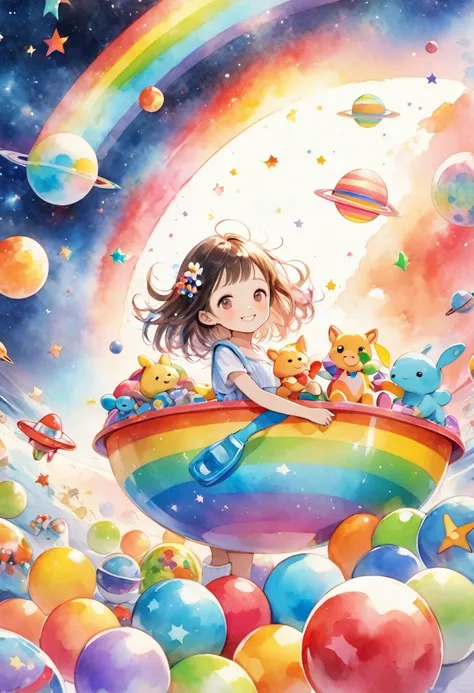  has lots of colorful rainbow balls、Lots of toys in the toy box 、Lots of aliens 、虹色の服を着たアニメのsmileの女性、 partying in space 、smile、 Colorful Illustrations 、Fantastic、Watercolor style、