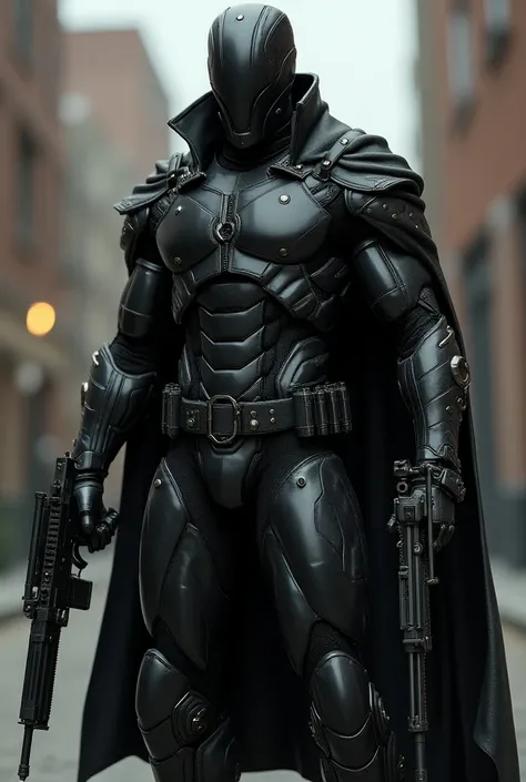 Superhero with skin armored with dark metal and with a wide-sleeve leather jacket and with an arsenal of firearms