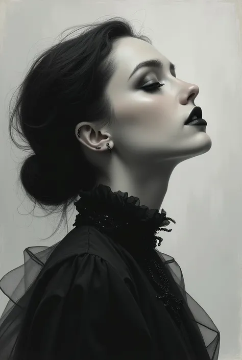 Make a realistic half body painting of a beautiful closed eyes gothic lady facing up with monochrome color 