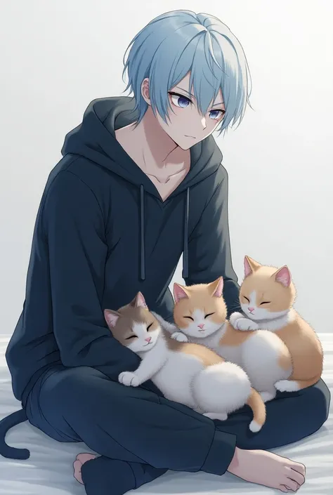  light blue hair
Height 175 cm
19 year old male
Im wearing a black hoodie
long pants
Not wearing a hood
Has bangs
7: 3
light blue eyes
Playing with cats
expressionless 、Looking at the cat 、Tsundere, 
 stroking her head 
