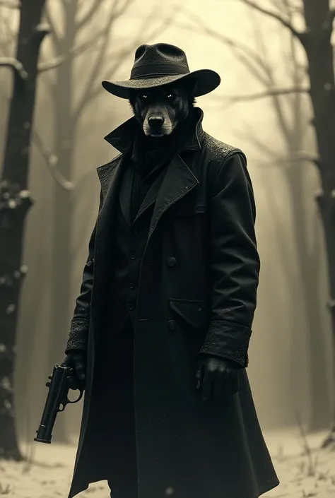 A dog-man, in a black raincoat, in a black hat, with a revolver in his hands. Winter noir forest in sepia style