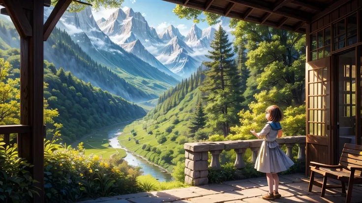 Create an image of a peaceful early morning in a mountain valley, with a soft sunrise casting a golden glow over the landscape. A gentle river winds through the valley, reflecting the warm colors of the sky. Lush greenery and distant mountains surround the...