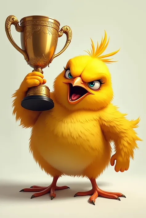 Angry Canary holding the champion trophy