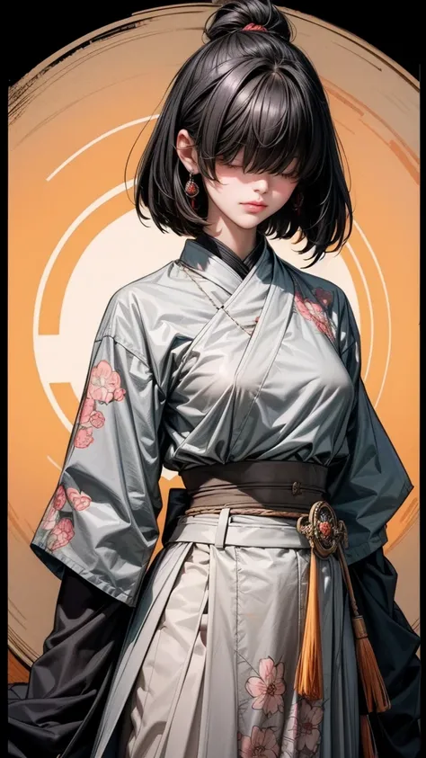 1girl, hair over eyes, black straight bang hair cut, hime cut, small breast, grey and orange tectical tech kinono, Harness, dress shirt, samurai armor, Mechanic asset, katana sword, OL, flower decoration, cherry blossom, toist motif(0.5), masterpiece, best...