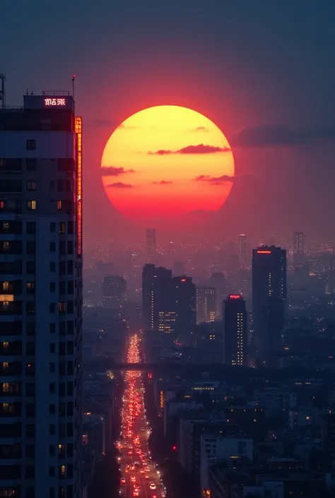 With city buildings in the background、 Scenery of a huge sunset floating in a low position 。 building is very big and bright 、 the office lights are lit against the backdrop of the city buildings at night 。The sunset is light orange、 and the 。There are als...