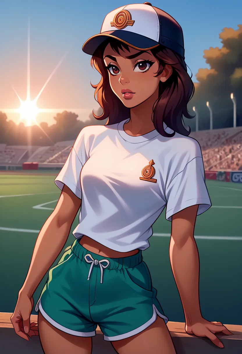 ((realistic))  and an ultra-detailed photograph of a woman, sensual pose, shorts, regatta,  baseball cap , sunny, sunlight, luz ...