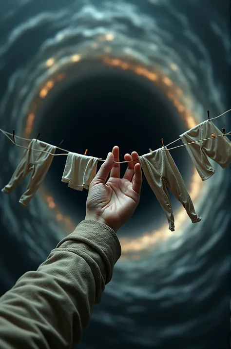 A hand coming out of a black hole hanging clothes