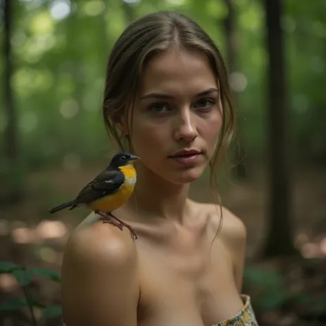 woman, young, a bird sitting on her nipple, in the forrest, photo, dslr, wide angle, close-up, high quality, hyper realistic, super detailled