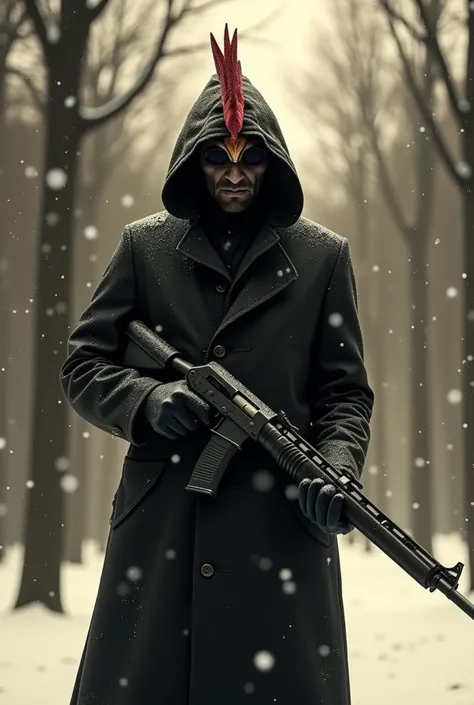 A rooster man in a black raincoat, wearing black glasses, with a shotgun in his hands. Winter noir forest in sepia style