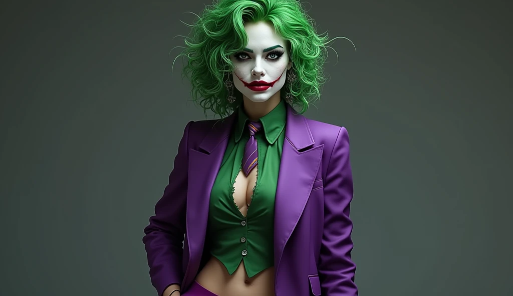 { "prompt": "A faithful female version of the iconic Joker from DC Comics, reimagined with striking beauty and allure while retaining the characters chaotic energy. She has pale white skin, with wild, vibrant green hair styled in messy, voluminous curls. H...