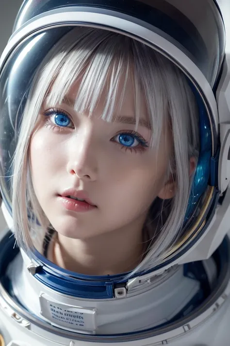 (Close-up of a better masterpiece:1.5)0.9], (Space and astronauts:1.2) (Messy silver hair:1.1) (Heterochromia xanthochromia and blue eyes:1.2) (Space Helmet:1.0) (Colored stars in the eyes:1.0) (A radiant glow:1.1) (thick lips:0.9)