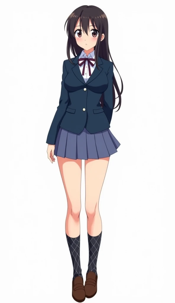 Anime image studio ghibli style manga cute sexy big breasts schoolgirl in blue blazer and short pleated skirt and argyle knee soxks and brown loafers standing straight up arched back full body shot white background 