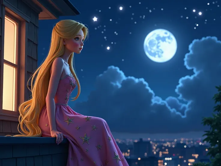 in disnea-stijl. Pixar.  best quality,detailed background Girl with long blond hair,  dressed in a beautiful dress decorated with stars.  She is sitting on the balcony of her house , Looking at the night sky , surrounded by bright stars .  Moonlight and cl...