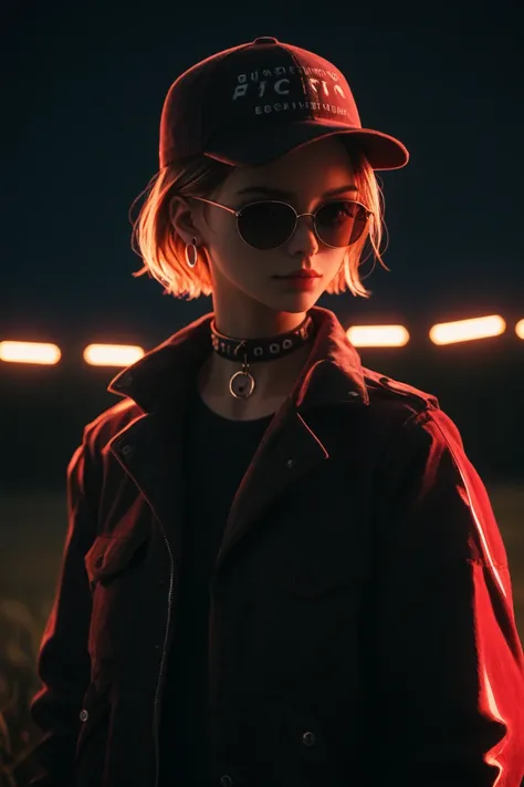 plano cercano del rostro, Alternative girl,  looking over black sunglasses , jacket, collar,  neon light reflections on the skin , earring, make-up,  imperfections in the skin ,  short hair , cap, neon light background , low light, depth of field,  highly ...