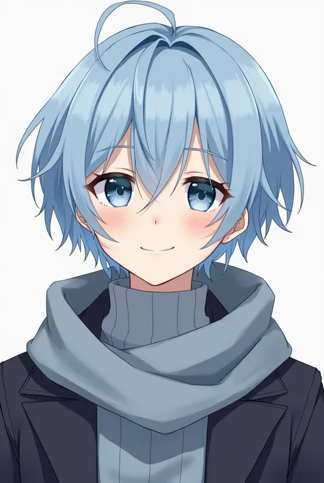  light blue hair
Height 175 cm
A male high school student who looks like an adult
Im wearing a turtleneck sweater under my coat
muffler
Has bangs
light blue eyes
tsundere, 
Light blush, Gaze, tsundere
round face
expressionless red face , 