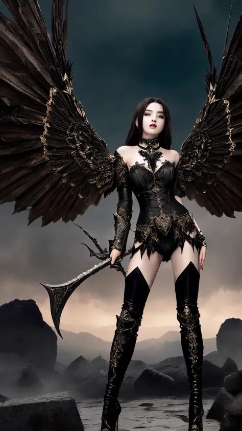 Create an image of a fantasy warrior woman in intricate armor with dramatic, large black wings and a dark, gothic aesthetic. The armor should include metallic elements and gold and silver accents around the chest and waist. The warrior should have a strong...