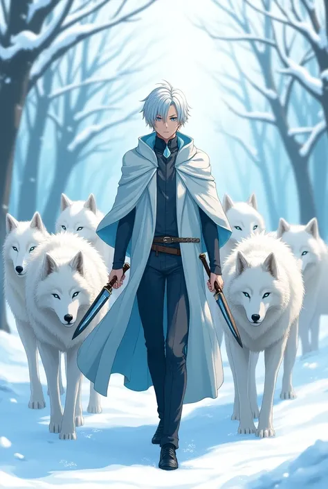  Create for me an anime-style picture of a big good-looking boy , he has short white-light blue hair that is slightly covered by his hood on his head and turquoise eyes.He wears an ice-colored cloak he has 2 kunai knives in his hand . he is standing in a s...