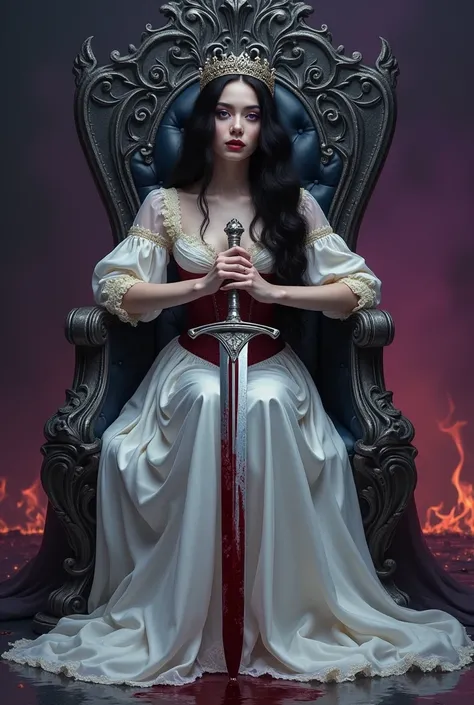  A photorealistic portrait of a beautiful young woman with a white complexion ,  colored purple eyes long black and slightly wavy hair that falls through their
corpus,  dressed in a white Victorian dress , bathed in blackish blood .  She has silk sleeves i...