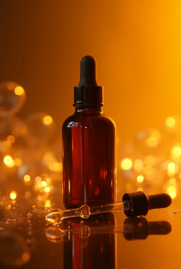 15ml dark brown colour serum bottle, dropper lying down at bottle, shiny golden colour water flashing all over, shiny serum glowing inside the bottle 