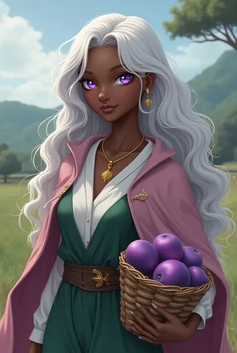 Emity possui uma pele negra e cabelos longos e ondulados em um tom branco prateadWhat destaca sua beleza.  Her eyes are vivid purple ,  giving her a mystical and intense air .  She wears a simple and elegant outfit :  a green dress with a white blouse unde...