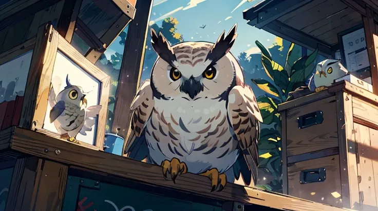 masterpiece，Best Quality， Hi-Res，8ｋ， simple illustration ， owl under guard