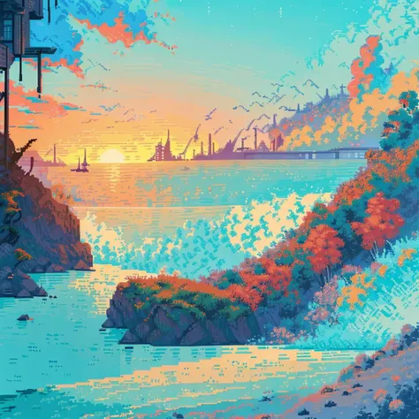  view of the cliff city ,afternoon,Pixel art style , pixel art stars , Art detail of the line ,Strong contrast, retro color palette ,sharp lines,highly detailed buildings,tall skyscrapers,bright windows, face vibrant colors,lively atmosphere, Rolling cloud...