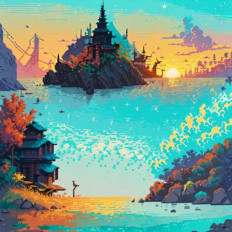  view of the cliff city ,afternoon,Pixel art style , pixel art stars , Art detail of the line ,Strong contrast, retro color palette ,sharp lines,highly detailed buildings,tall skyscrapers,bright windows, face vibrant colors,lively atmosphere, Rolling cloud...