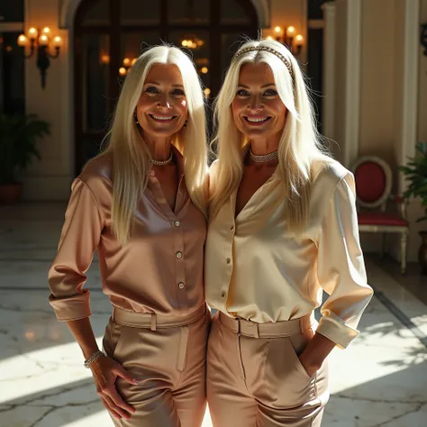  Two 50-year-old delicate elegant glamorous delicious elderly women with extremely long straight hair are dressed in short high-necked wafer-thin mirrored smooth silk blouses with continuous button placket and thin airy satin trousers and they wear shiny b...