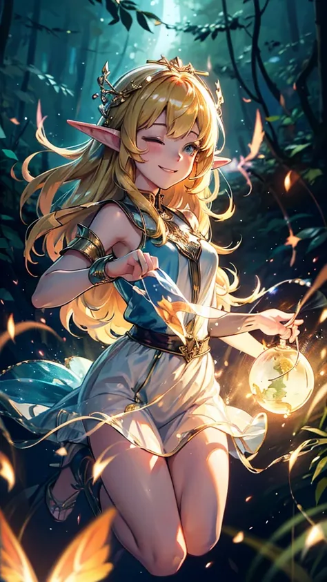  best quality， official art ，8K wallpaper， Extremely detailed，Illustration， Beautiful Elf Girl 、Forest Elf、Fireflies dance 。Forest Night、Long Hair,  3d rendering , 8K Octane, smile、 put the little fairy that shines on the palm of your hand、 seems to be hav...