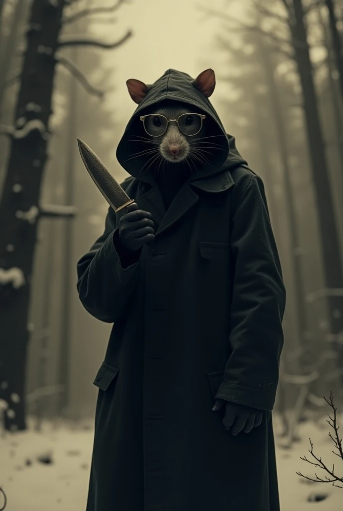 A rat-man in a black raincoat, a black hood and black glasses, with a knife in his hands. Winter noir forest in sepia style