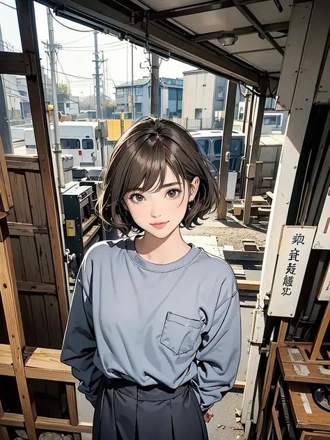 Create an "working factory" scene where a beautiful dark gray-eyed Japanese young highschool girl .silver color highlight hair,ash brown color hair,short cut wave hairstyle、laugh at、smile、flat color
BRAKE
Cross your hands behind your back
BRAKE
Workwear、Wo...