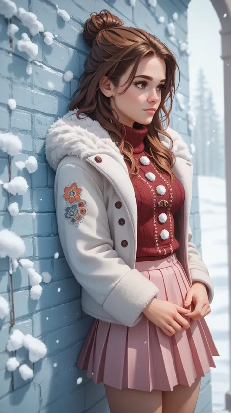 sksbrooke person, sksbrooke, (masterpiece:1.2), (best quality:1.2), perfect eyes, perfect face, 1girl, solo, brown eyes, (medium breasts), perky breasts, wearing a floral puffy winter coat, pink pleated mini skirt, snowy background, leaning on wall 