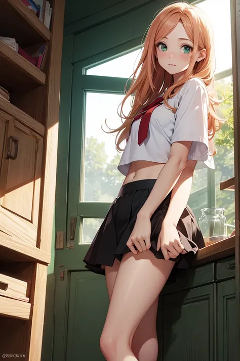 (Masterpiece, top quality, absolute resolution, real stick, realistic materials and textures, perfect anatomy), long Peach hair, green eyes, BREAK Subject: Photo girl Subtitle: Junior high school girls, thighs, small, cute, cute skirt, crop top,  BREAK   b...