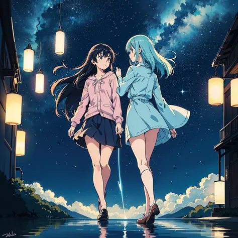 Design a captivating comic strip with panels split in a cartoon-style, resembling a storyboard. Showcase an anime college student standing under the mesmerizing moonlight against a bright starry sky. Tell the romantic tale inspired by Makoto Shinkais signa...