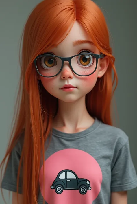 Make a 15-year-old girl , straight redhead,  with lenses that are clear with silver ,  with a gray t-shirt with a design on the t-shirt of a pink circle with a car in the middle,  with hazel eyes and lots of freckles 