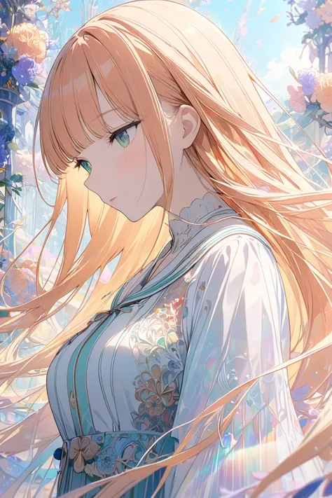 (masterpiece, top quality, very aesthetic, 4k、illustration), (ephemeral girl),(upper body),(Hair fluttering in the wind)、half closed eyes、(Pastel colors)、(in a ephemeral and beautiful　world),(in a bright and colorful world),(long hair),intricate detail, 1w...