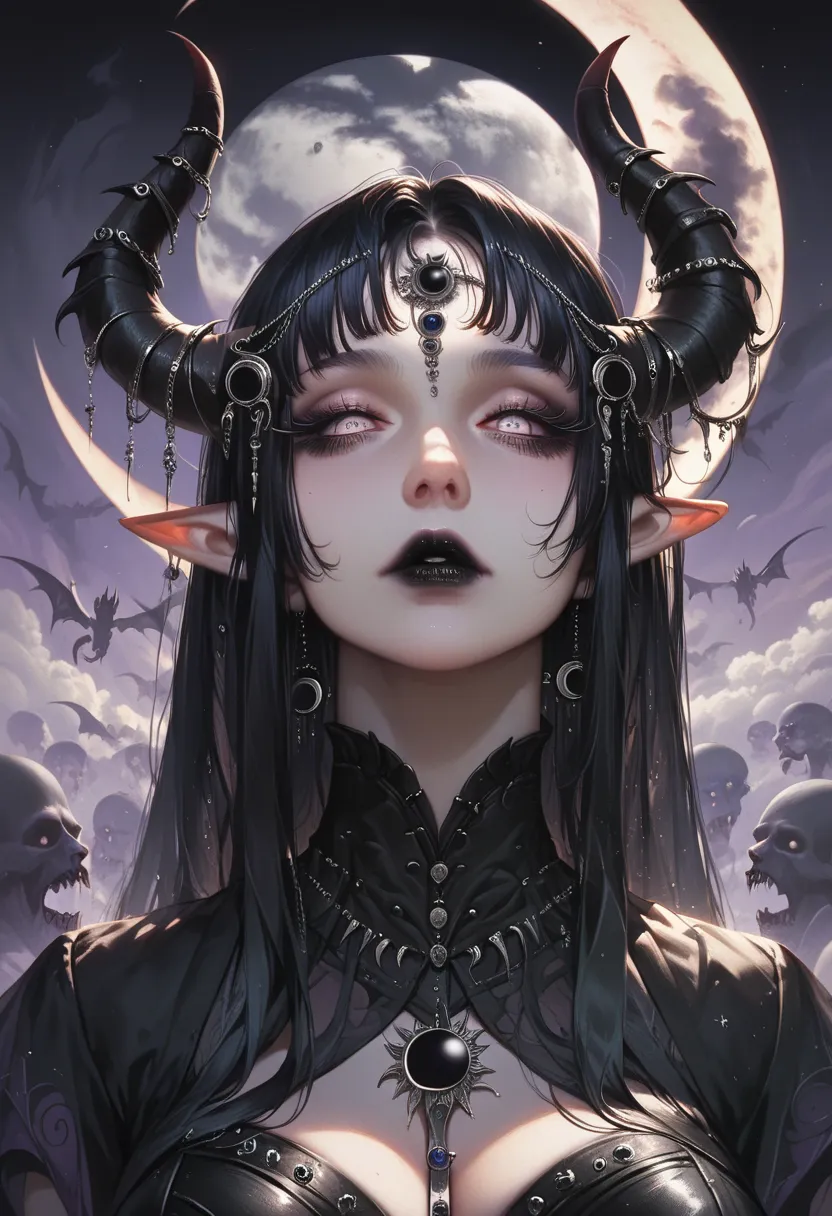 ((masterpiece)), (( high-resolution )), (( lunar eclipse background  )),   beautifully detailed woman, ,  long black hair , elf ...