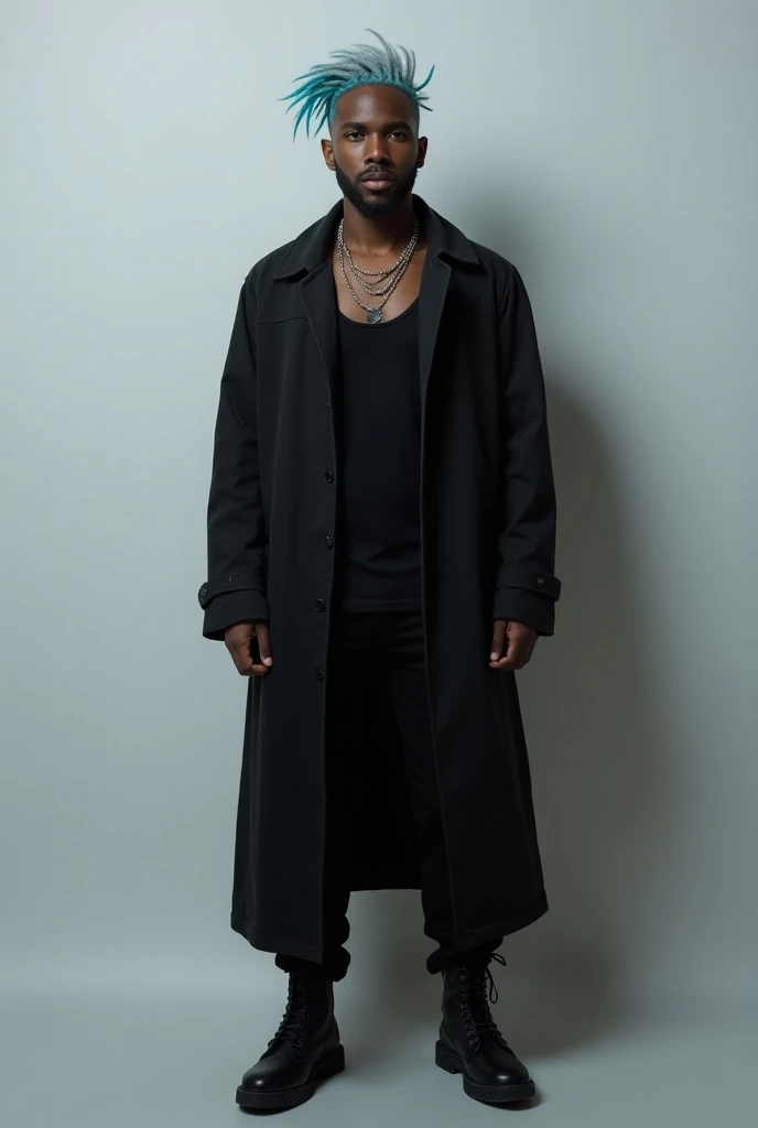 Black man with short hair dyed neon blue and gray ,  full beard very short wardrobe long black jacket black tank top black pants tight ankle boots dark ankle boots 
Modify the hair color where the two colors neon blue and gray are mixed, and that the drawi...