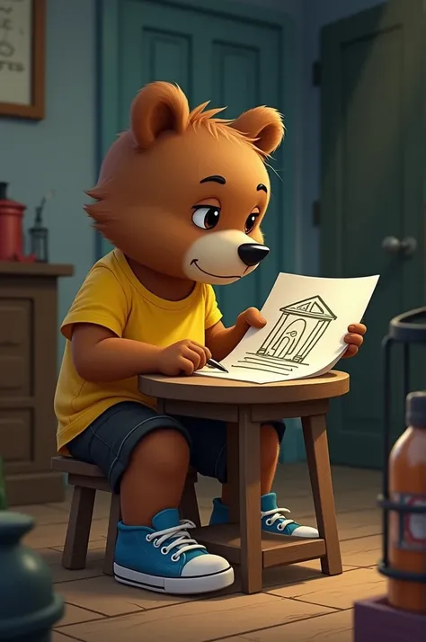 The bear cub, wearing a yellow t-shirt, black shorts, and blue sneakers, sits at a small table with a serious expression, looking at a piece of paper with a simple drawing of a bank on it. The background hints at a dimly lit room with some like props, givi...