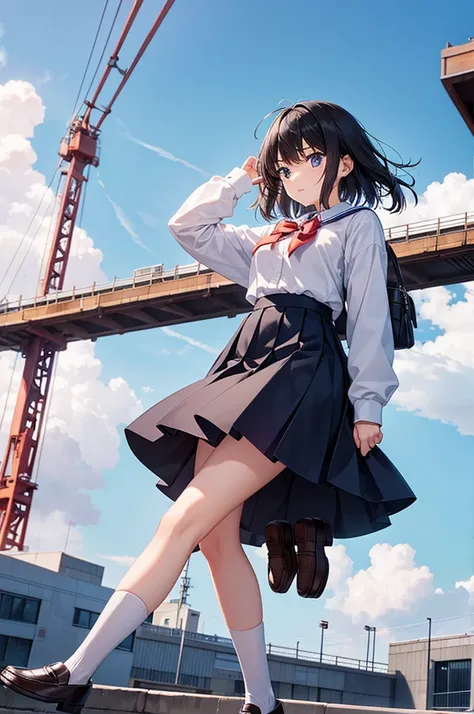 Suspended by a crane、high school girl wearing black loafers