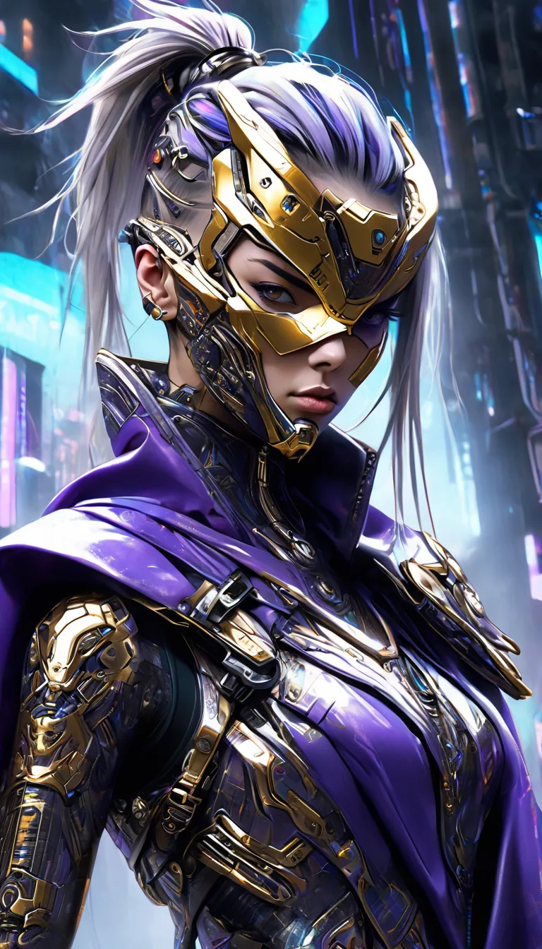 hyper-realistic digital illustration, eye-level angle depicts a cyberpunk-inspired character with a fierce expression and a heav...