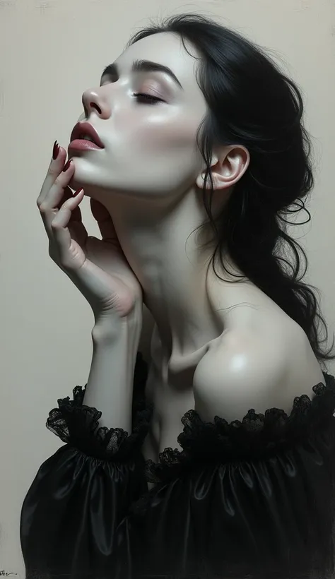 Make a realistic aesthetic half body painting of a beautiful closed eyes gothic lady facing up and her hand lightly touch her face also  with monochrome color 