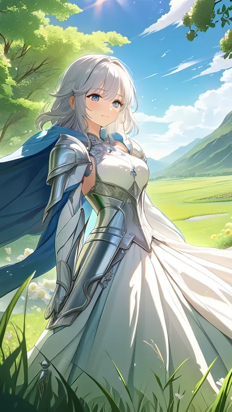 1 girl, ( cute face),  medium hair,  silver hair,  fantasy dress armor with Holy Lance, Delicate decoration, Holy Knight, big breasts dreamy expression , ホーリーランスを持っている,  cowboy shots, Calm smile,  break,  Vast Prairie , ( Soft Sunlight:1.3), shining green ...