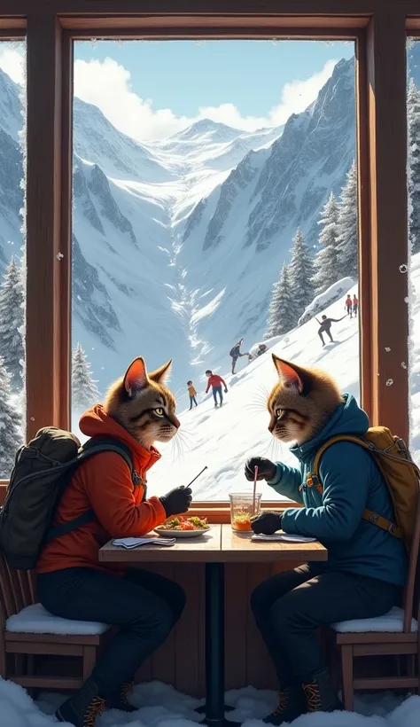 A male and female cat in hiking suits are having lunch at a snowy restaurant in the Appes Mountains,  Suddenly an avalanche hits the restaurant, Everyone is surprised and runs away 