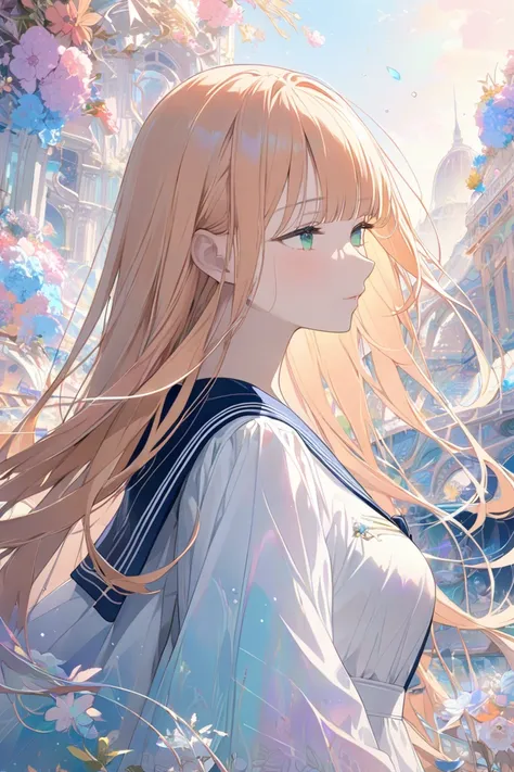 (masterpiece, top quality, very aesthetic, 4k、illustration), (ephemeral girl),(upper body),(Hair fluttering in the wind)、half closed eyes、(Pastel colors)、(in a ephemeral and beautiful　world),(in a bright and colorful world),(long hair),intricate detail, 1w...