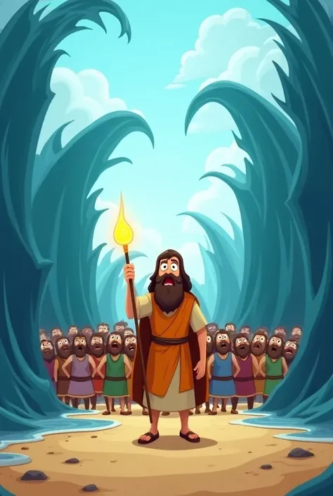 In a playful cartoon style, the sea dramatically parts into two tall, curved walls of water on either side, forming a dry path in the middle. Moses stands proudly at the front, his staff glowing. The crowd of Hebrews behind him look amazed, with wide carto...