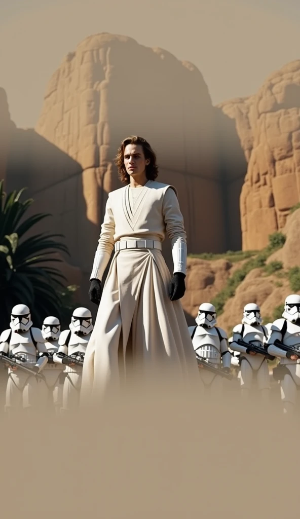  Star wars reveng of the sith movie, anakin Skywalker with 10 clone troopers  in the back ground, in alien planet, big alien rocks  in the green colors plants, night time, star wars revenge of the sith film accurate, Hayden Christensen face as Anakin Skywa...