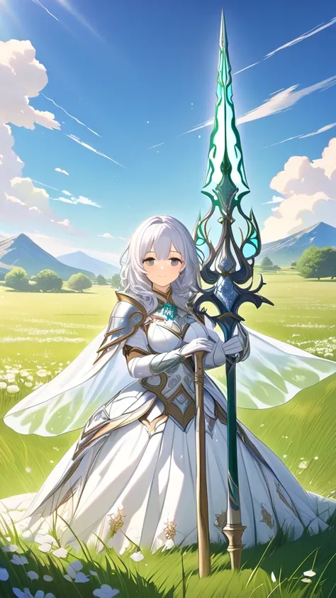 1 girl, ( cute face),  medium hair,  silver hair,  fantasy dress armor, Delicate decoration, Holy Knight, big breasts dreamy expression , I have a sacred spear,  cowboy shots, Calm smile,  break,  Vast Prairie , ( Soft Sunlight:1.3), shining green grass, f...